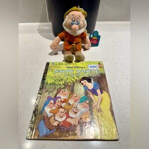 Vintage Little Golden Book Snow White plus Vintage Applause plush Dwarf Doc Lot